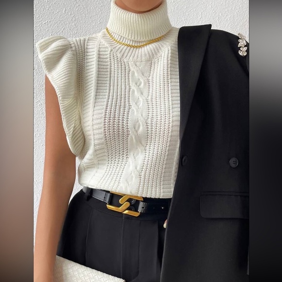 ✨Turtle Neck Ruffle Trim Cable Knit Sweater Vest - Picture 4 of 8